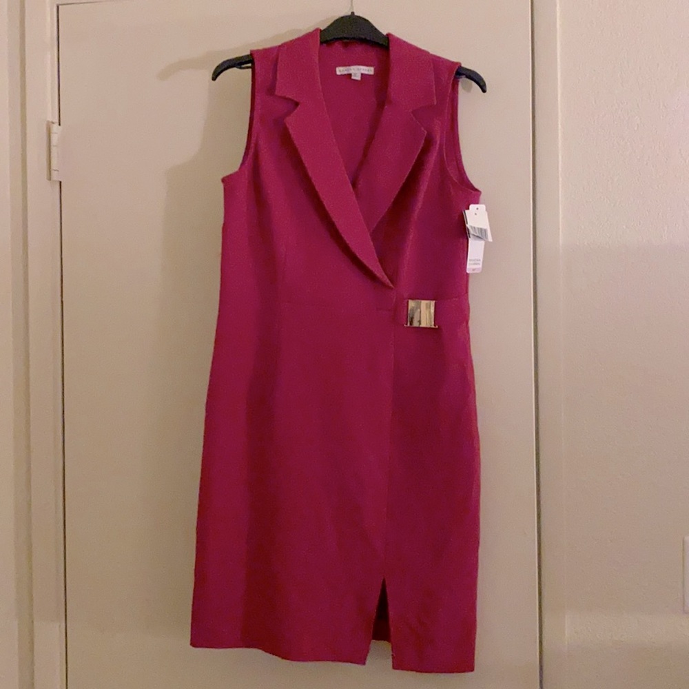 Pink sleeveless tuxedo style dress by Sandra Darren.